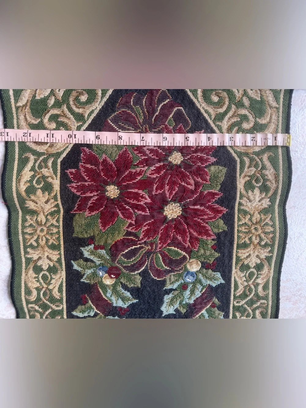 Vintage Christmas Poinsettia Tapestry Table Runner Festive Holiday Woven Floral